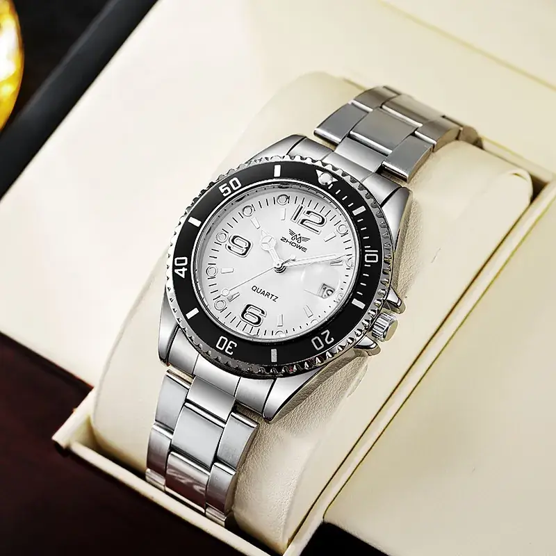 Men's Black Leather Watch with White Dial & Quartz Movement - Image 3