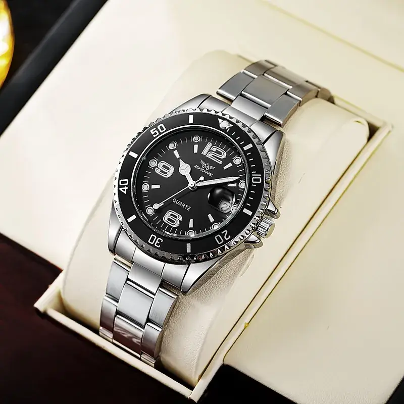 Men's Black Leather Watch with White Dial & Quartz Movement - Image 4