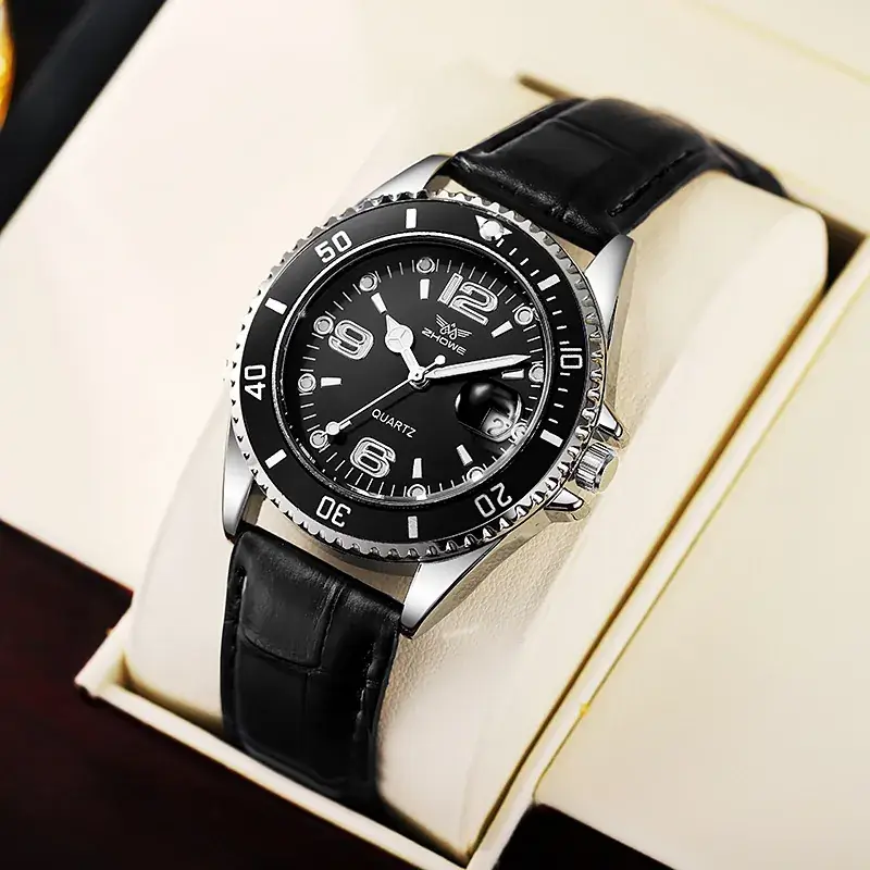 Men's Black Leather Watch with White Dial & Quartz Movement - Image 6