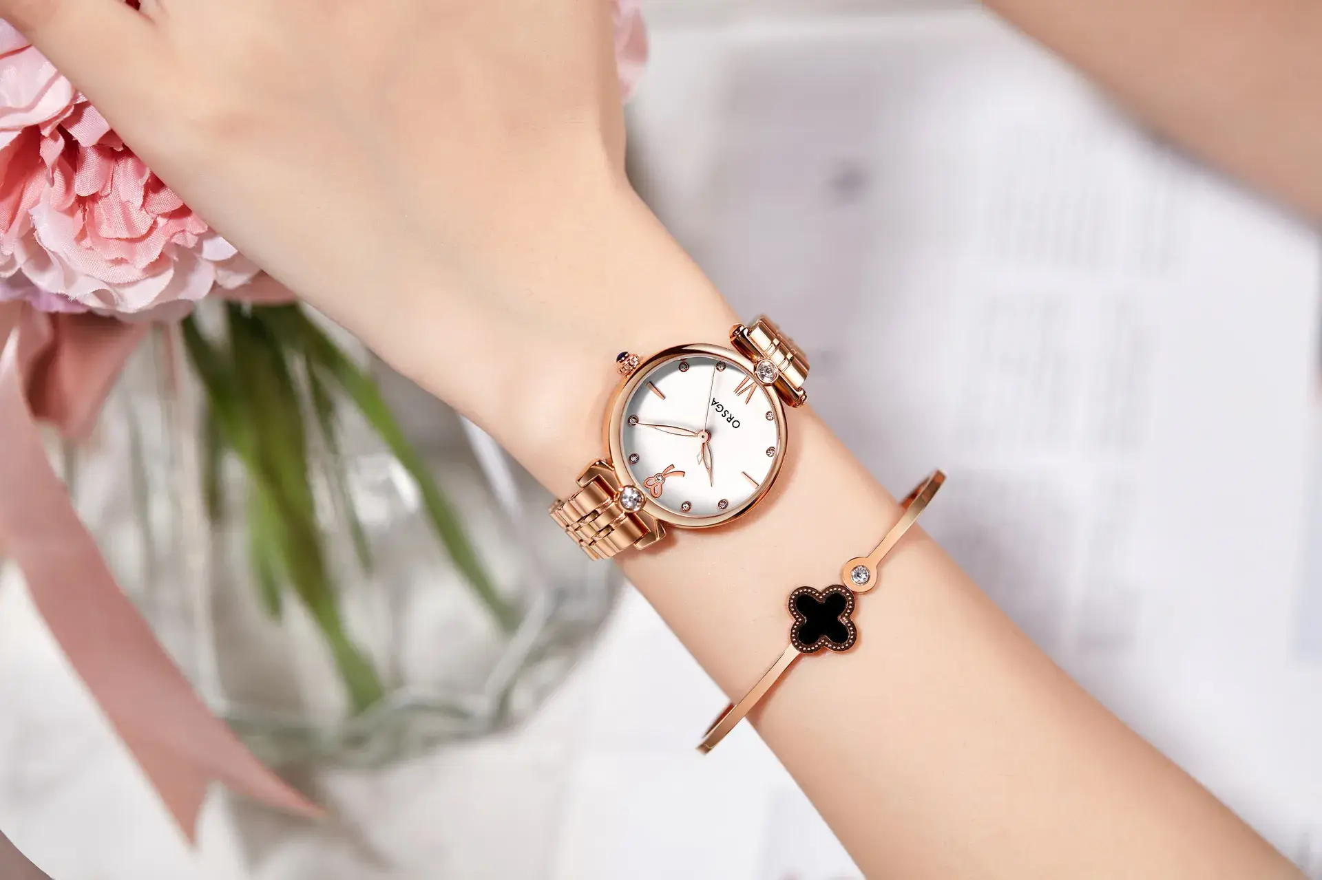 Oshga Rose Gold Women's Quartz Watch with Crystal Details — feature 7