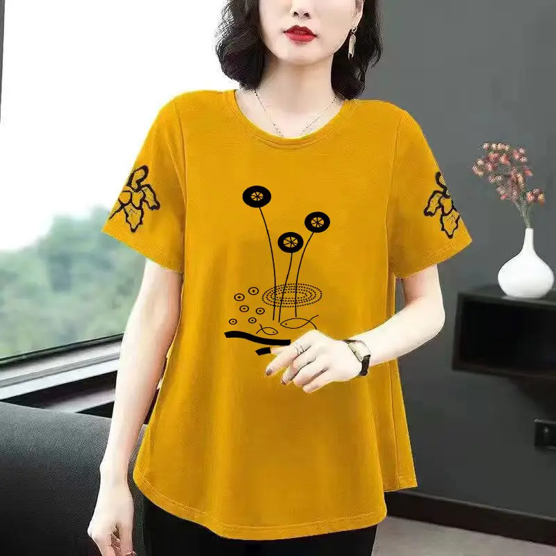 Women Printed T-Shirt Orange Loose Summer Large