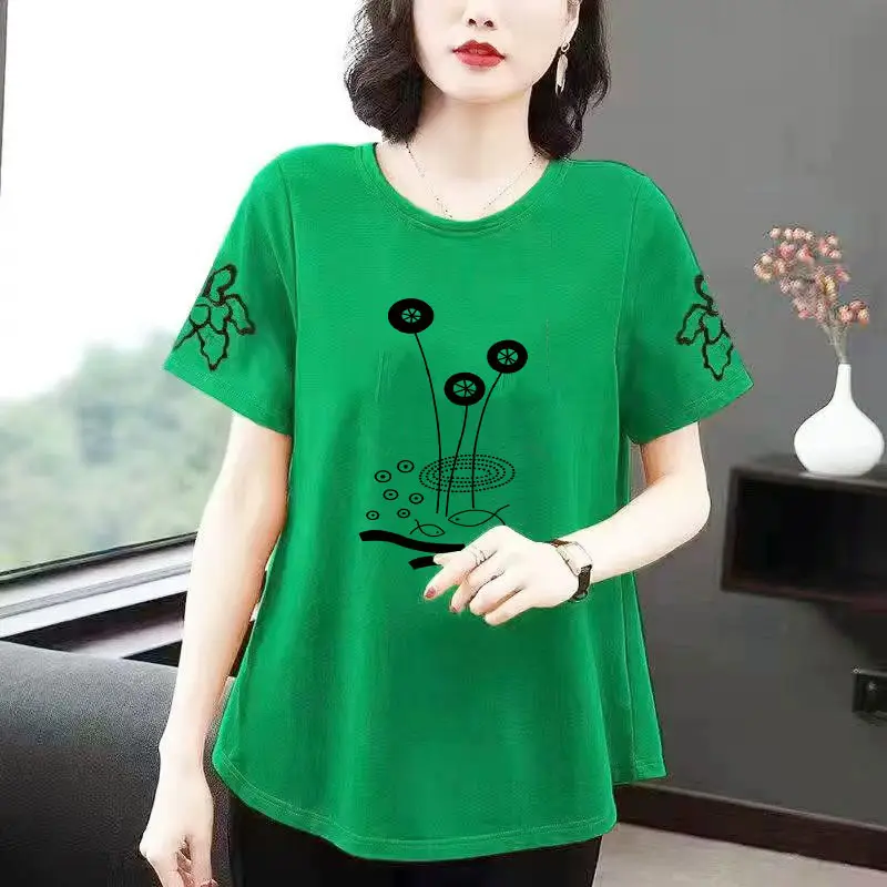 Women Printed T-Shirt Orange Loose Summer Large