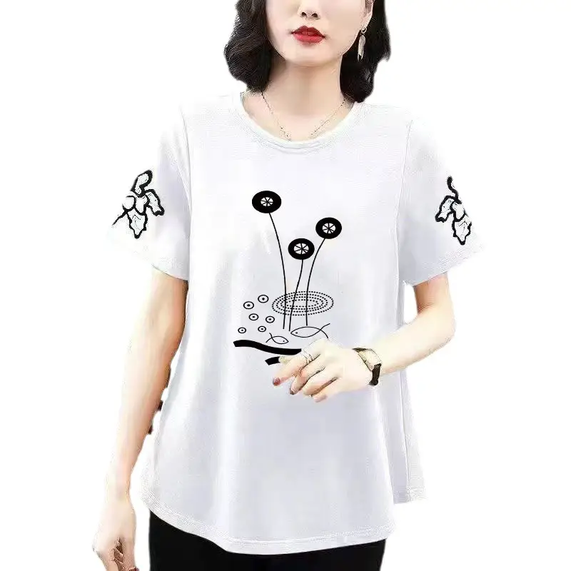 Women Printed T-Shirt Orange Loose Summer Large