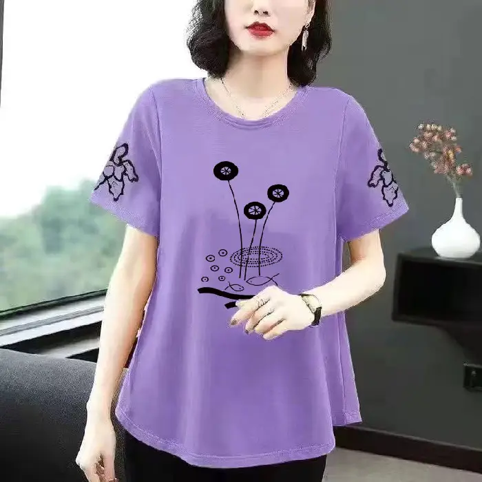Women Printed T-Shirt Orange Loose Summer Large