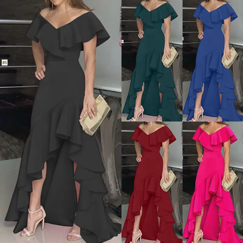 2022 Blue Ruffled V-Neck Maxi Dress for Women - Image 6