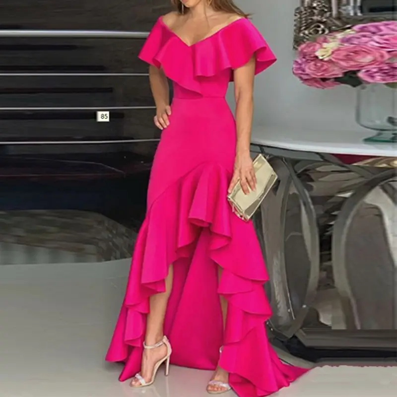2022 Blue Ruffled V-Neck Maxi Dress for Women - Image 7