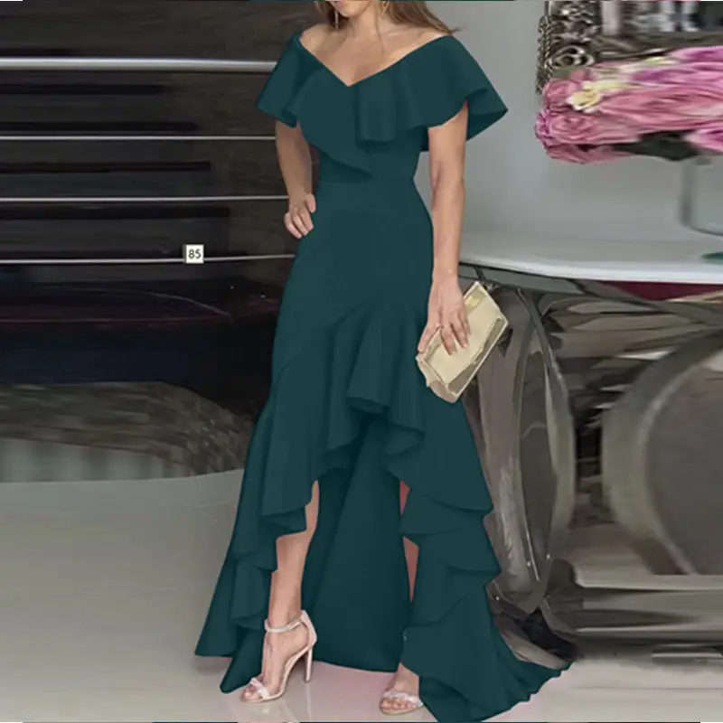 2022 Blue Ruffled V-Neck Maxi Dress for Women - Image 8