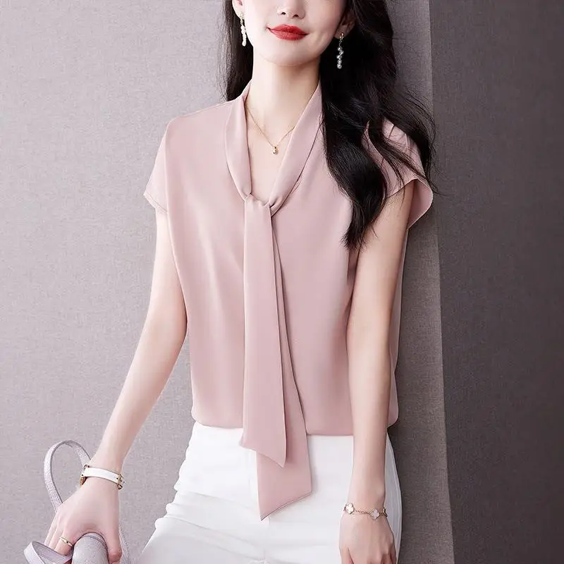 Women's Blue Bow Ribbon Chiffon Shirt