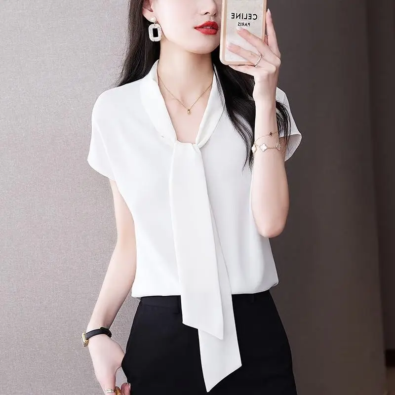 Women's Blue Bow Ribbon Chiffon Shirt