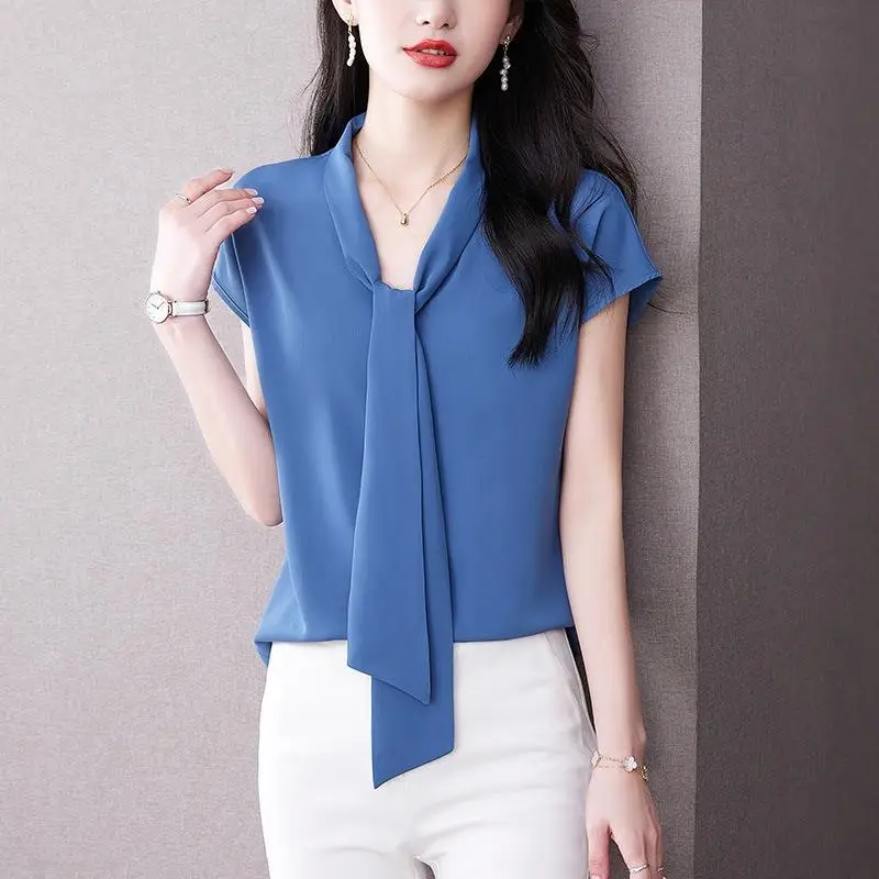 Women's Blue Bow Ribbon Chiffon Shirt