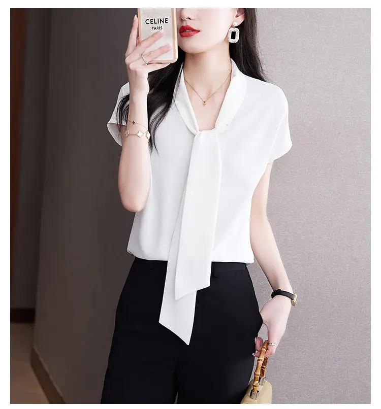 Women's Blue Bow Ribbon Chiffon Shirt — feature 11