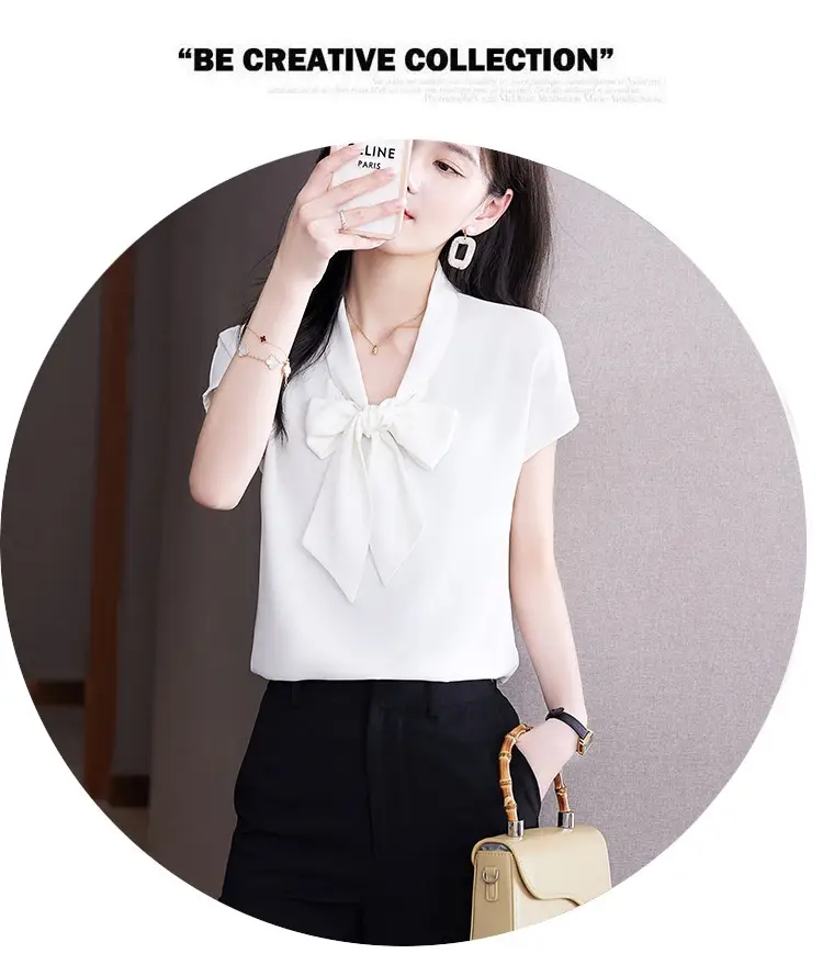 Women's Blue Bow Ribbon Chiffon Shirt — feature 12