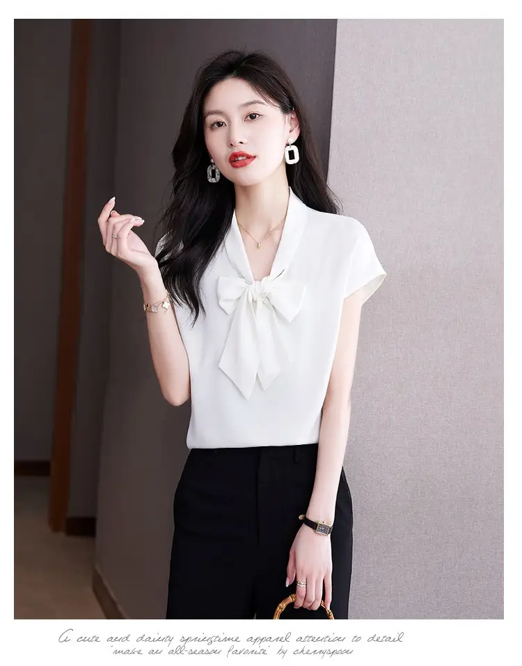 Women's Blue Bow Ribbon Chiffon Shirt — feature 14