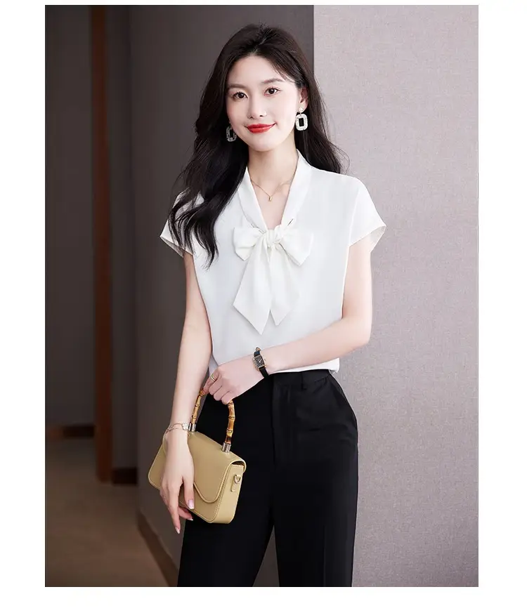 Women's Blue Bow Ribbon Chiffon Shirt — feature 15