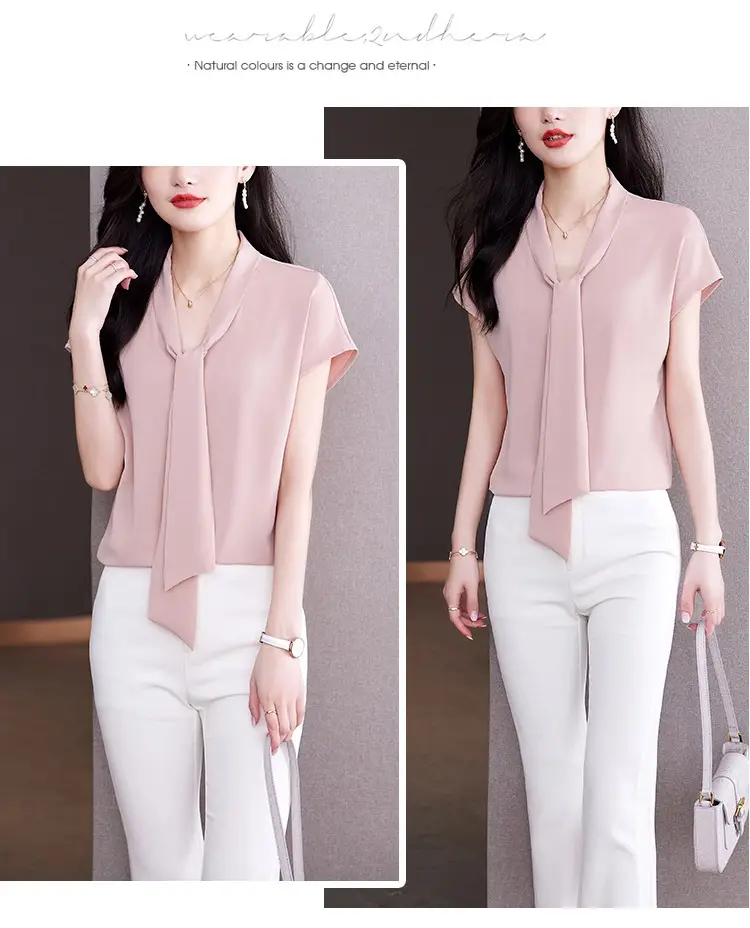 Women's Blue Bow Ribbon Chiffon Shirt — feature 20