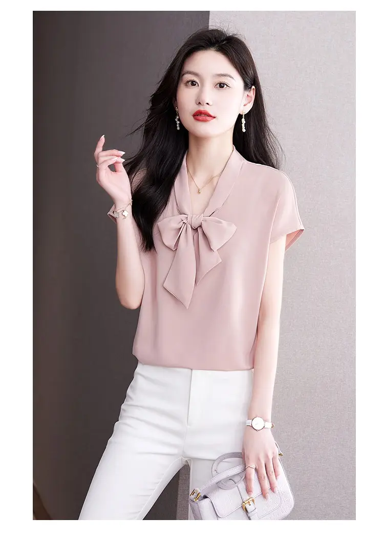 Women's Blue Bow Ribbon Chiffon Shirt — feature 23