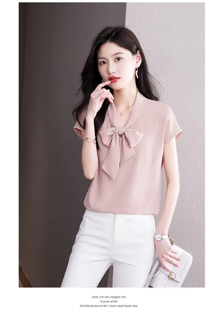 Women's Blue Bow Ribbon Chiffon Shirt — feature 24