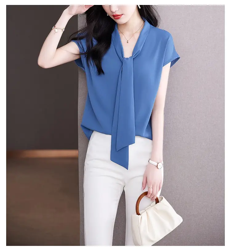 Women's Blue Bow Ribbon Chiffon Shirt — feature 25