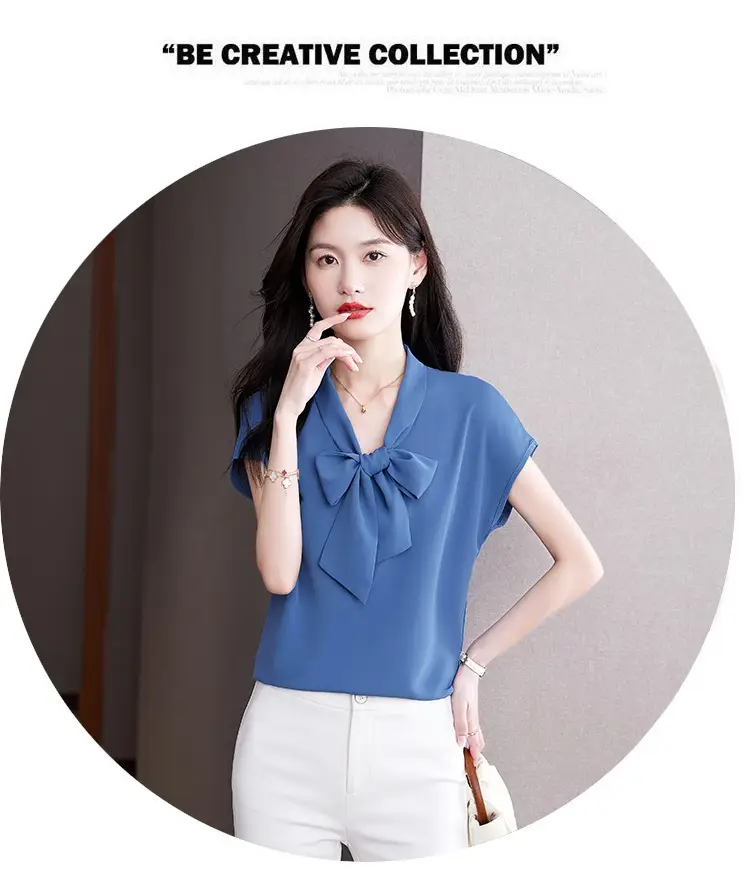 Women's Blue Bow Ribbon Chiffon Shirt — feature 26
