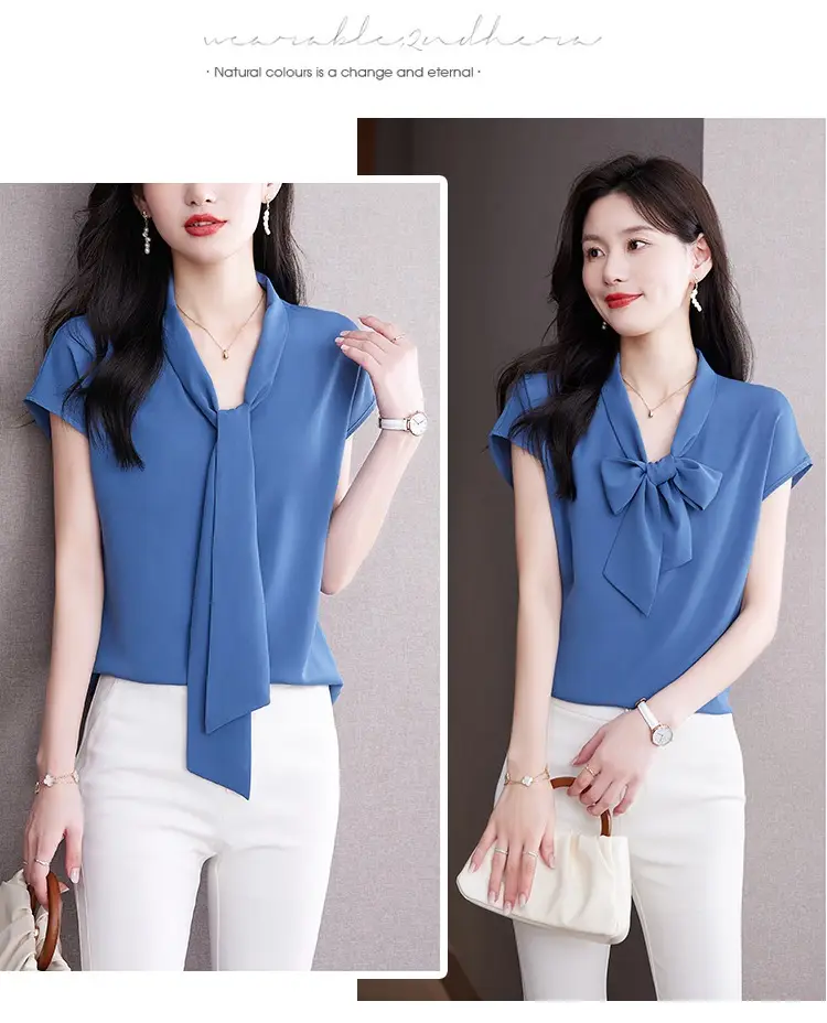 Women's Blue Bow Ribbon Chiffon Shirt — feature 27
