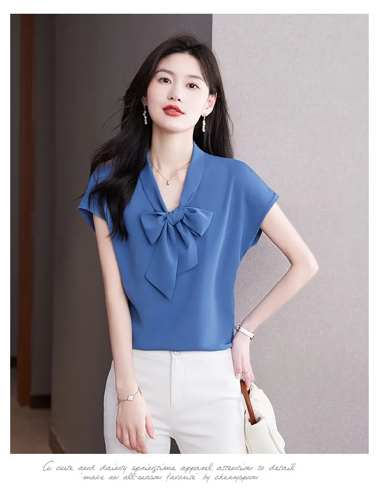 Women's Blue Bow Ribbon Chiffon Shirt — feature 28