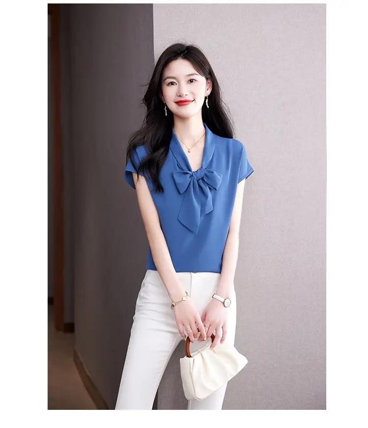Women's Blue Bow Ribbon Chiffon Shirt — feature 29
