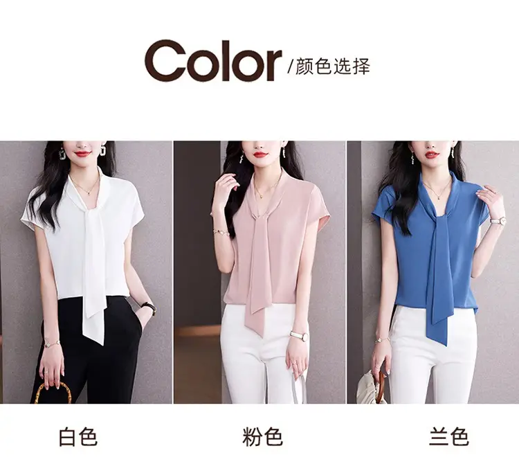 Women's Blue Bow Ribbon Chiffon Shirt — feature 3
