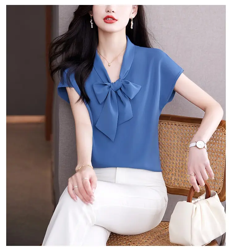 Women's Blue Bow Ribbon Chiffon Shirt — feature 30
