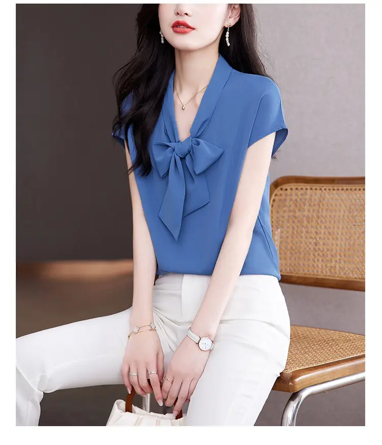 Women's Blue Bow Ribbon Chiffon Shirt — feature 31