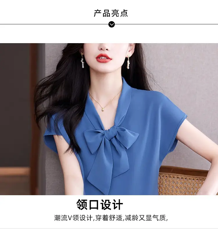 Women's Blue Bow Ribbon Chiffon Shirt — feature 5