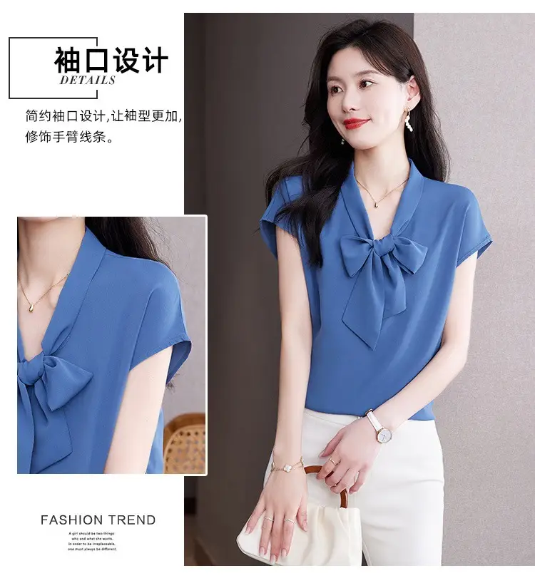 Women's Blue Bow Ribbon Chiffon Shirt — feature 6