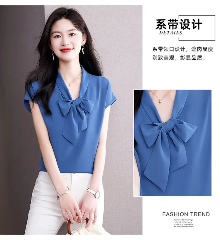 Women's Blue Bow Ribbon Chiffon Shirt — feature 7