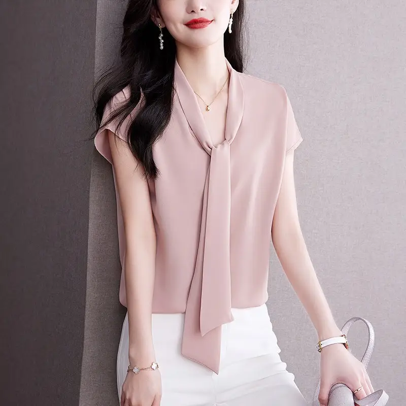 Women's Blue Bow Ribbon Chiffon Shirt