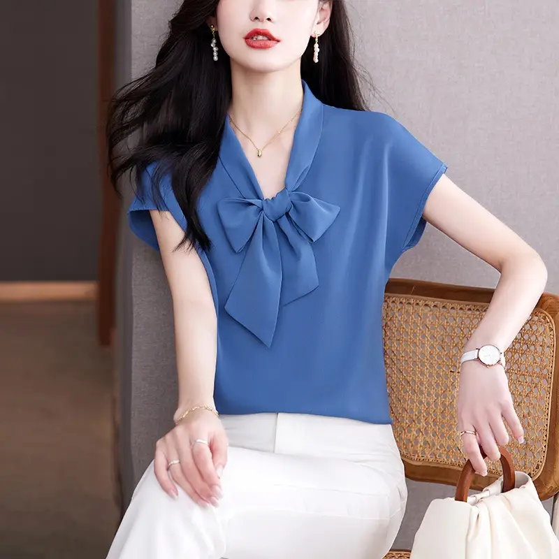 Women's Blue Bow Ribbon Chiffon Shirt