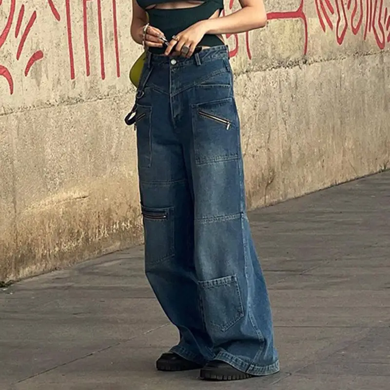 Women 2024 Low Waist Zipper Denim Pants Loose Casual