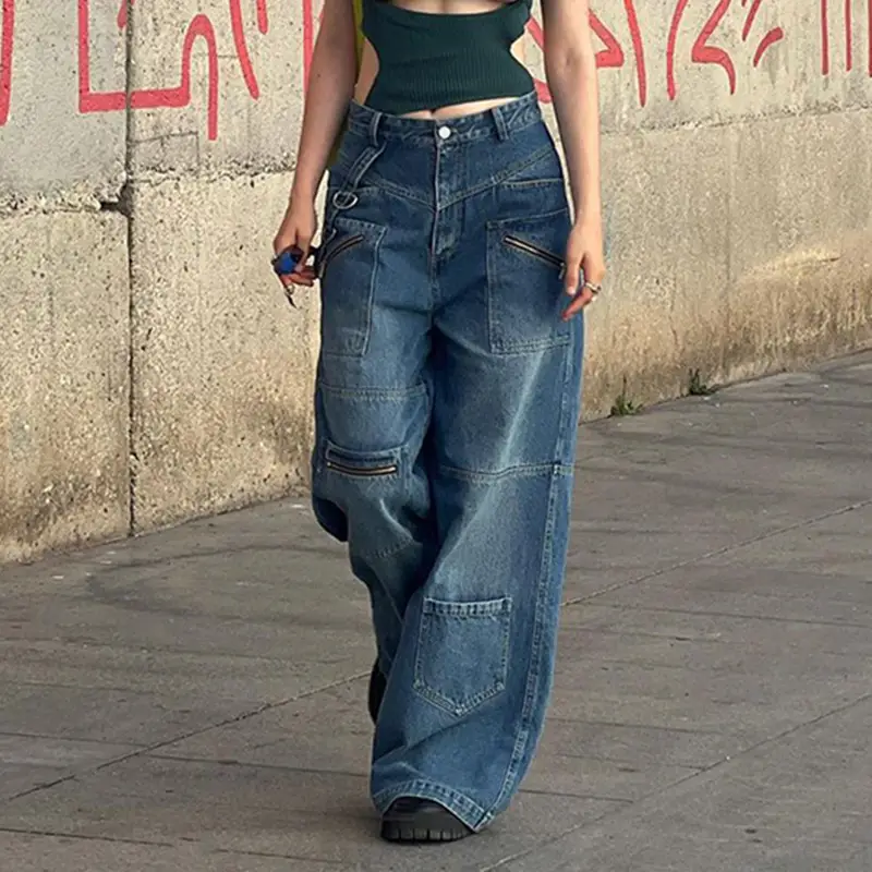 Women 2024 Low Waist Zipper Denim Pants Loose Casual