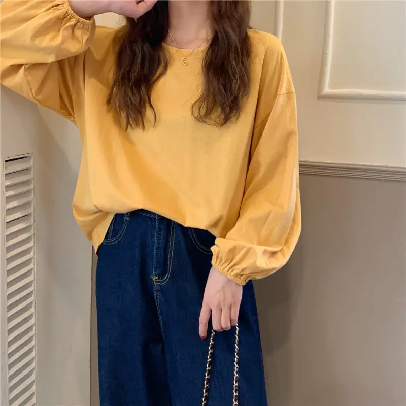 2026 Women Long Sleeve T-Shirt Loose Sweet Solid Color - Image 3