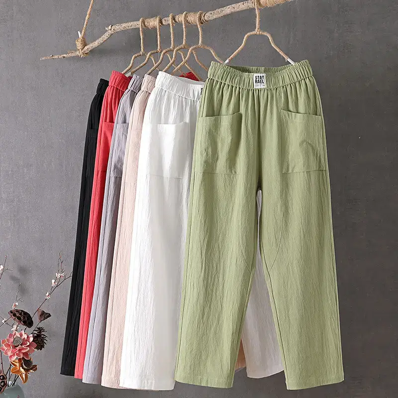 Women Cotton Linen Casual Pants White 2024 - Image 7