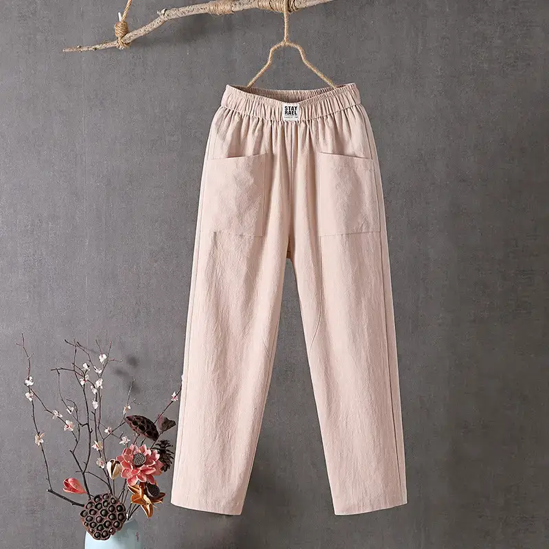 Women Cotton Linen Casual Pants White 2024 - Image 8