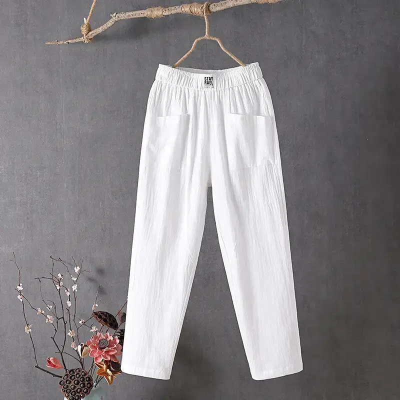 Women Cotton Linen Casual Pants White 2024 - Image 10