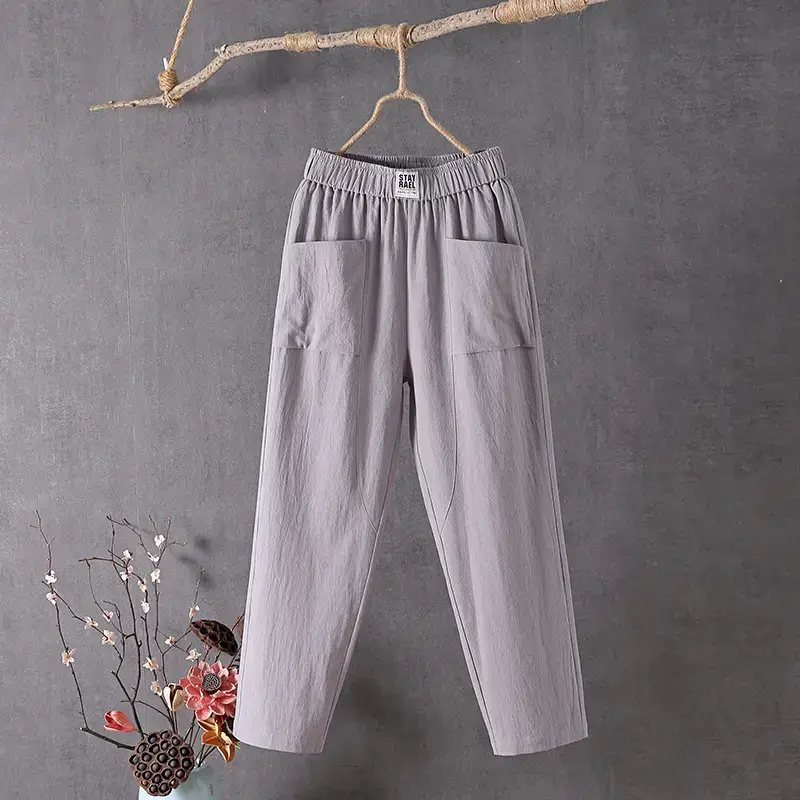 Women Cotton Linen Casual Pants White 2024 - Image 2