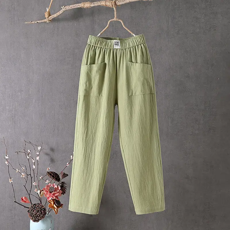 Women Cotton Linen Casual Pants White 2024 - Image 4