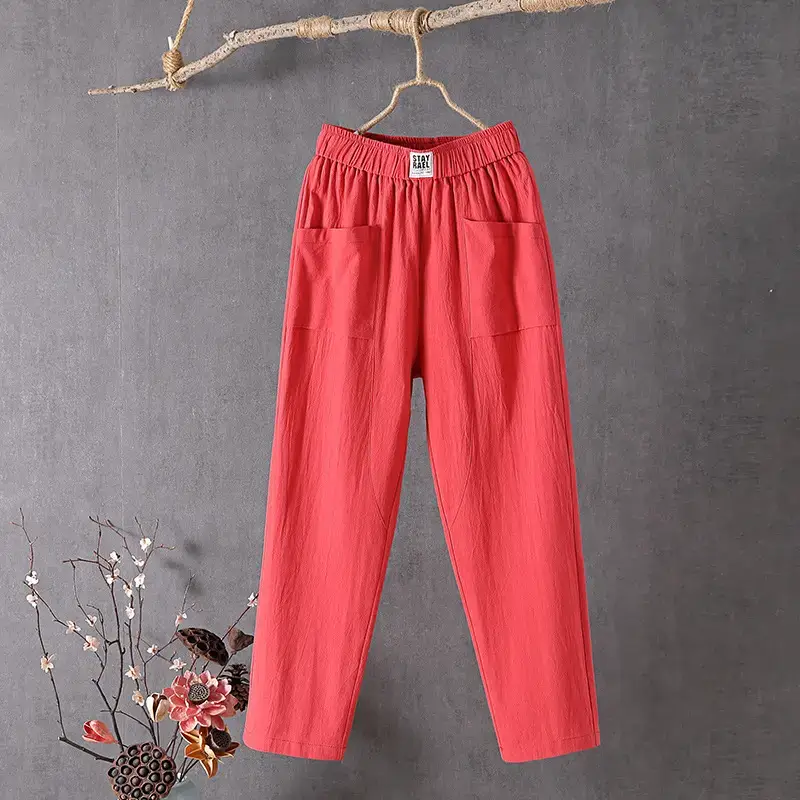 Women Cotton Linen Casual Pants White 2024 - Image 6