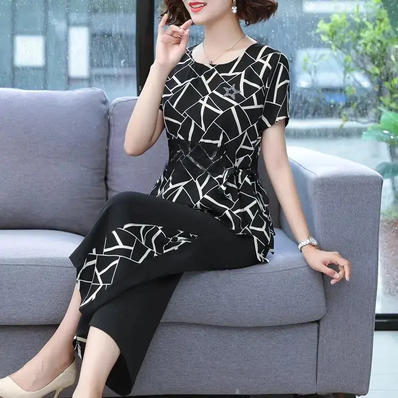Women's Black Printed Short Sleeve Two-Piece Summer Set Large - Image 5