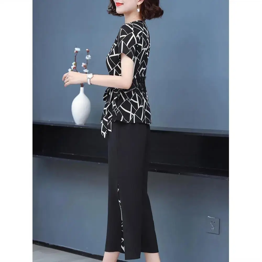 Women's Black Printed Short Sleeve Two-Piece Summer Set Large - Image 6