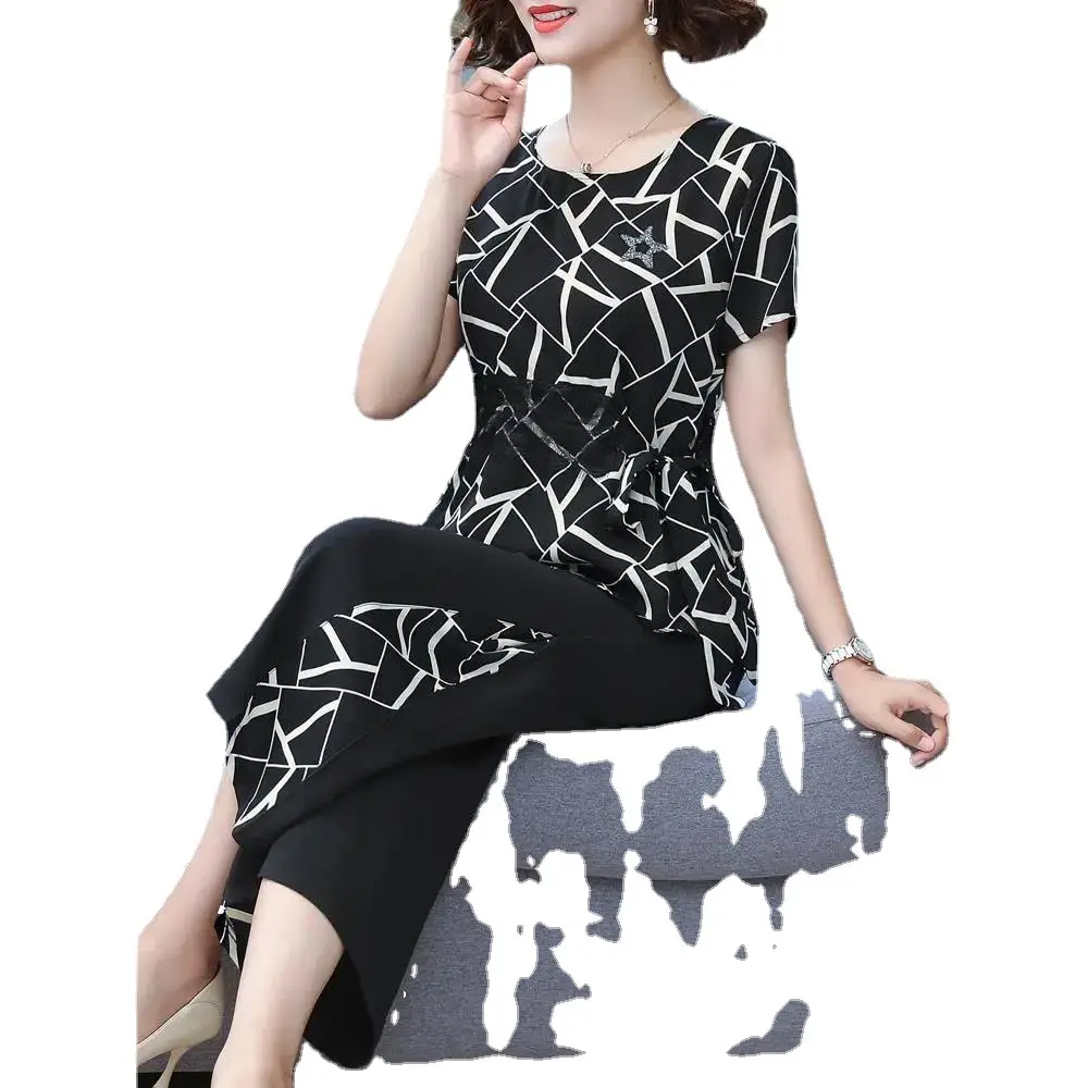 Women's Black Printed Short Sleeve Two-Piece Summer Set Large - Image 7