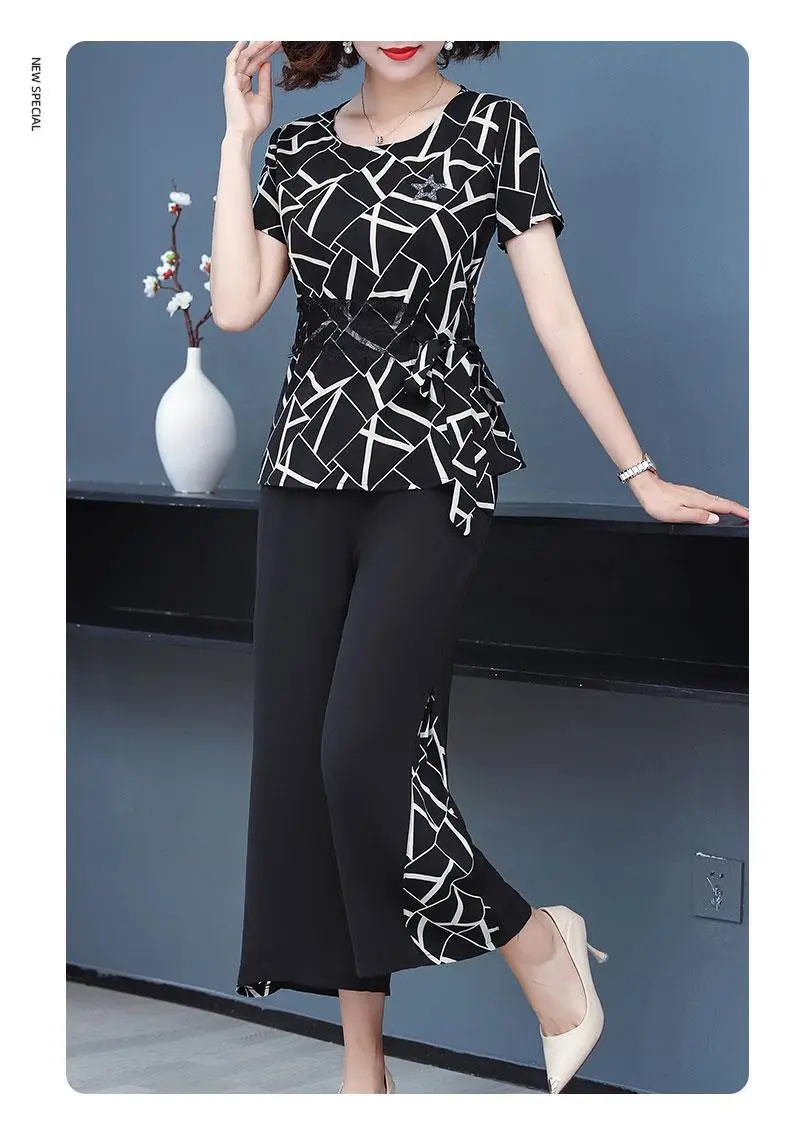 Women's Black Printed Short Sleeve Two-Piece Summer Set Large — feature 11