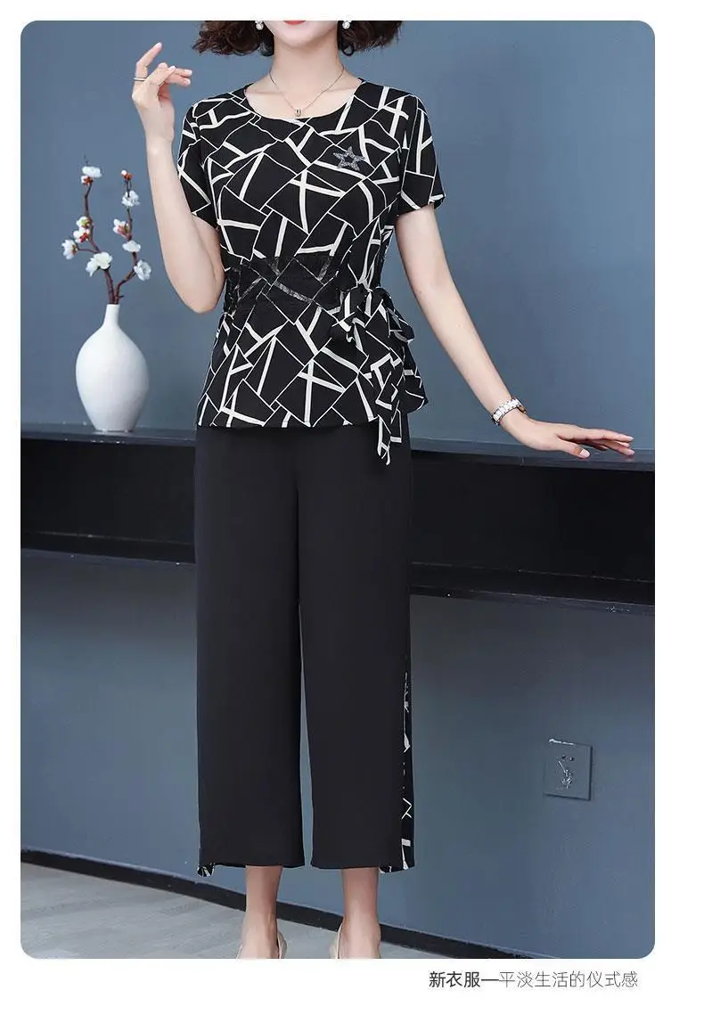 Women's Black Printed Short Sleeve Two-Piece Summer Set Large — feature 12