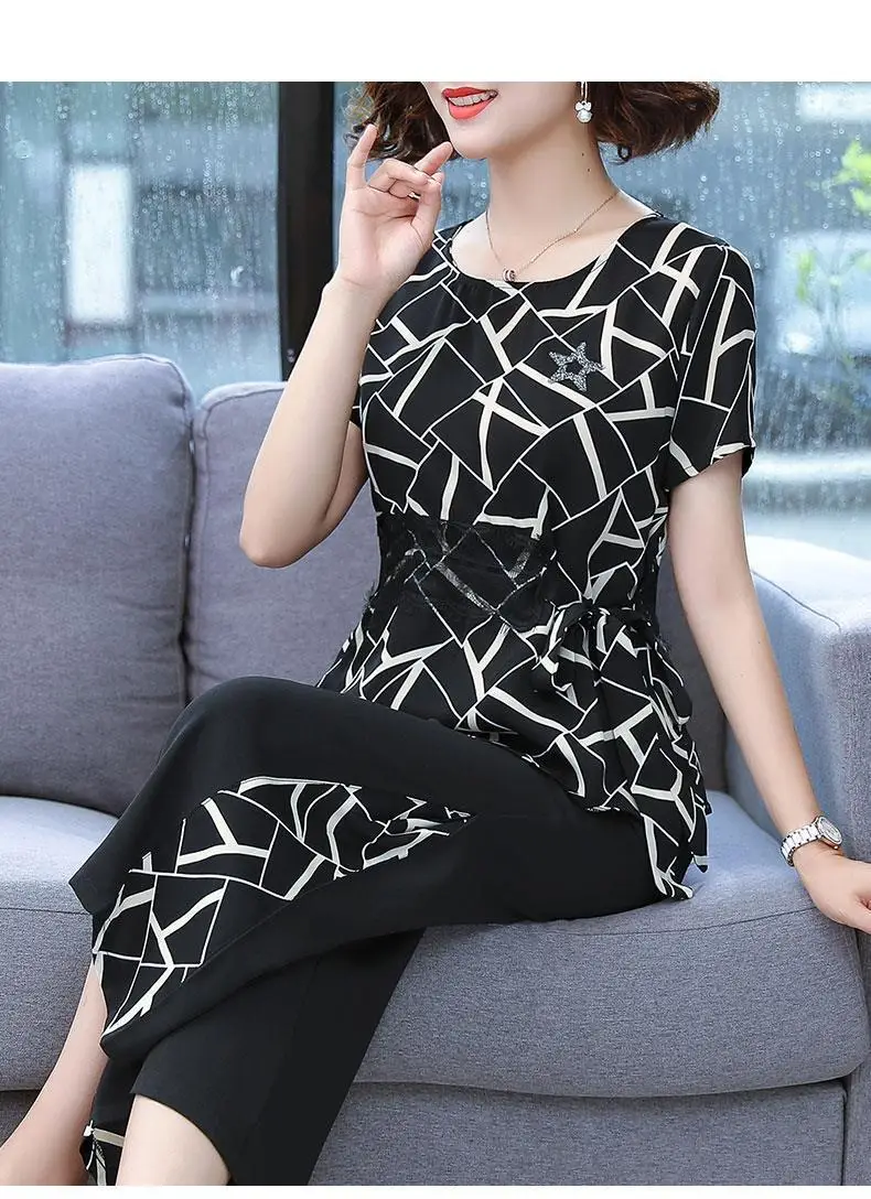 Women's Black Printed Short Sleeve Two-Piece Summer Set Large — feature 13