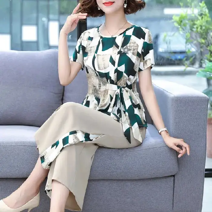 Women's Black Printed Short Sleeve Two-Piece Summer Set Large - Image 2
